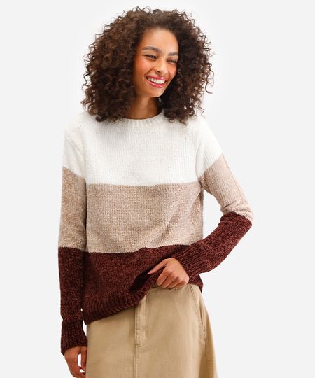 suéter feminino de tricot listrado marrom PP