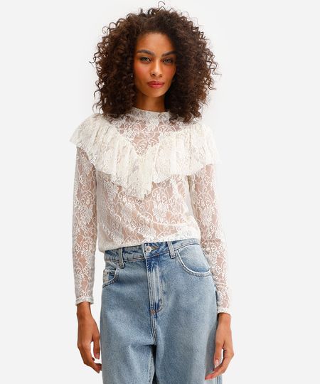 bata feminina de renda com babado floral  off white PP