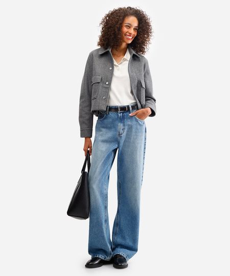 calça wide leg feminina jeans com cinto azul 38