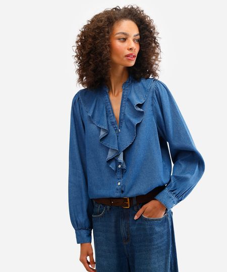 camisa feminina jeans manga longa com babados azul P