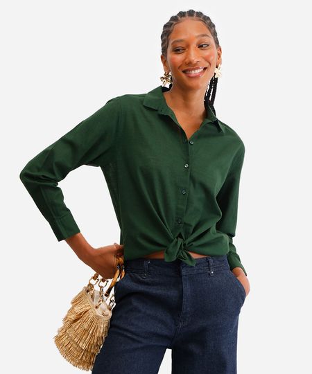 camisa de algodão manga longa verde PP