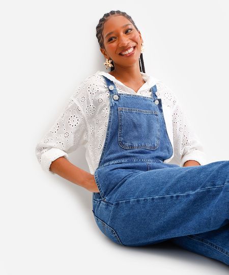 jardineira jeans feminina comfort azul 34