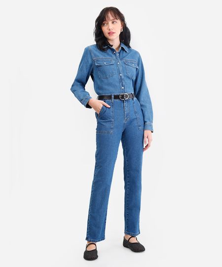 calça reta feminina jeans cintura média sawary azul 36