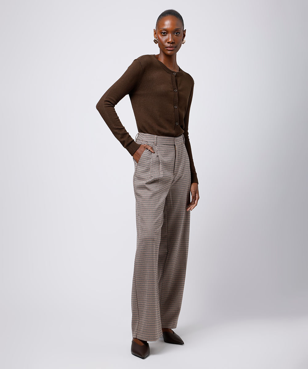 calça wide leg feminina de alfaiataria xadrez mindset bege