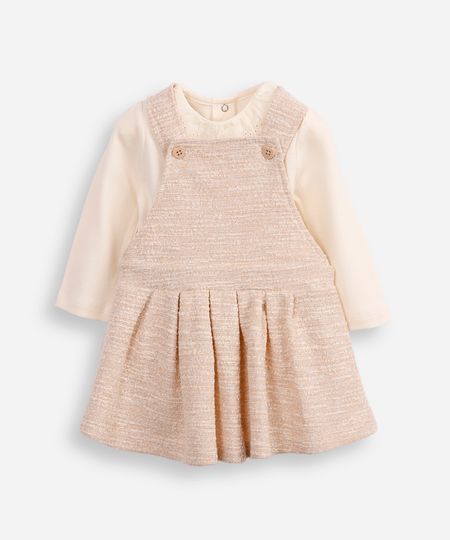 salopete de tweed infantil com body texturizada bege 9-12