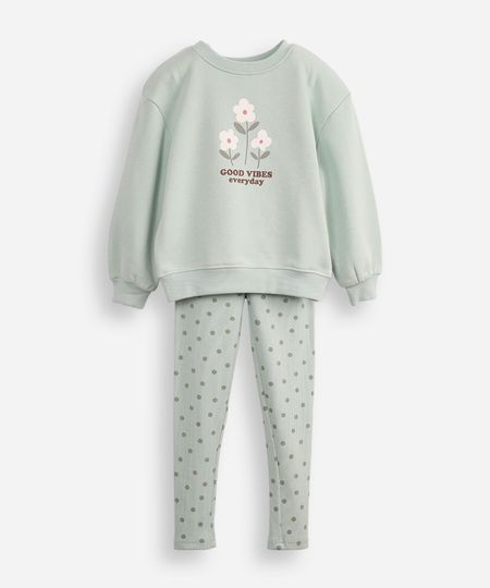 conjunto infantil longo de moletom floral e poá verde 4