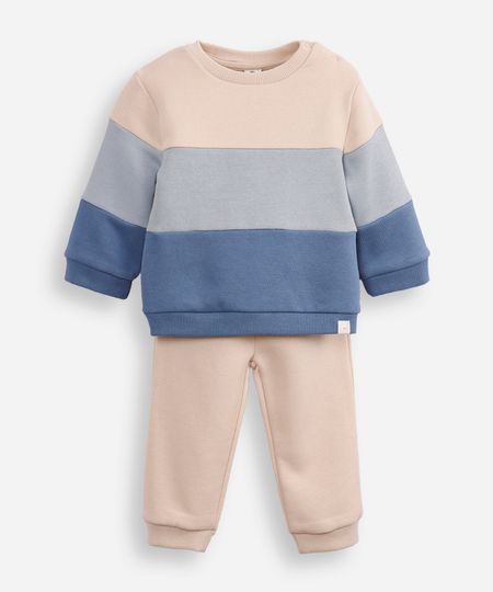 conjunto infantil longo de moletom listrado azul 6-9