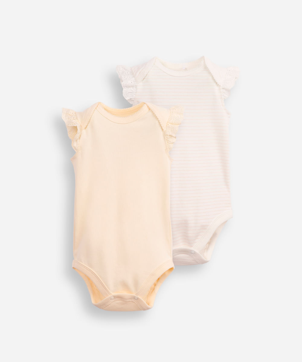 kit de 2 bodies infantis de algodão manga laise bege
