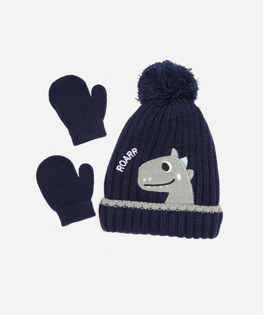 kit infantil gorro e luva dinossauro azul