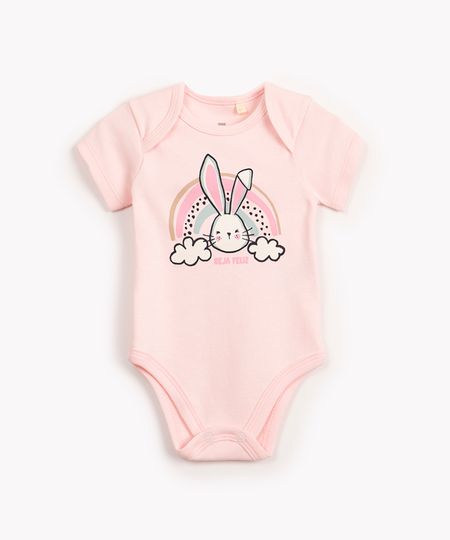body de algodão infantil coelho manga curta rosa 0-3