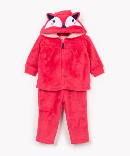 conjunto de pelúcia infantil gatinha com capuz rosa escuro 0-3