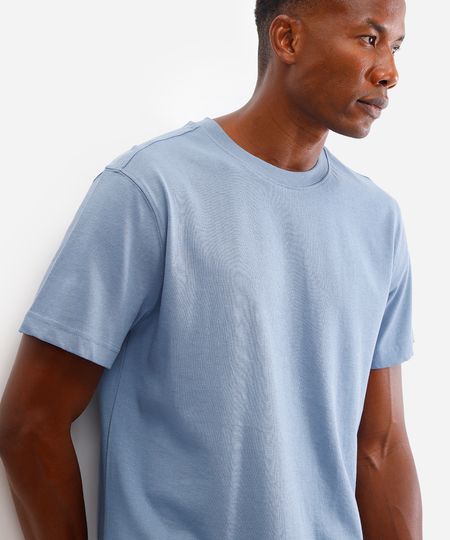 camiseta de algodão manga curta azul P