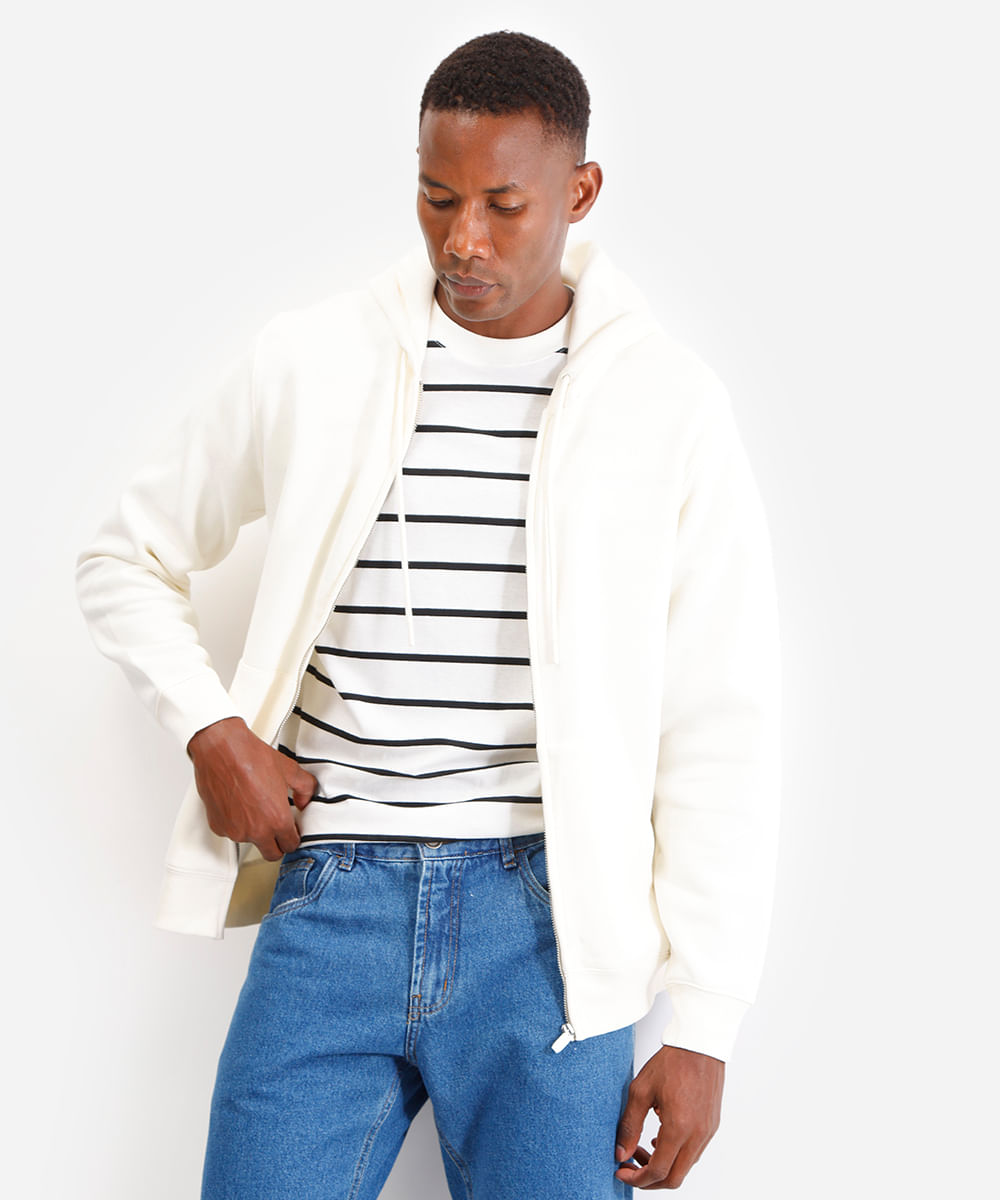 jaqueta básica masculina de moletom com capuz off white
