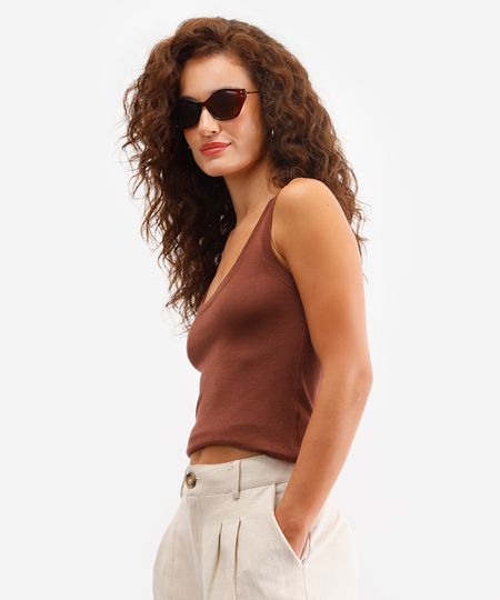 regata de tricot alça média marrom GG regata de tricot alça média marrom GG