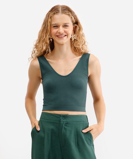 cropped básico canelado alça média decote v verde P cropped básico canelado alça média decote v verde P