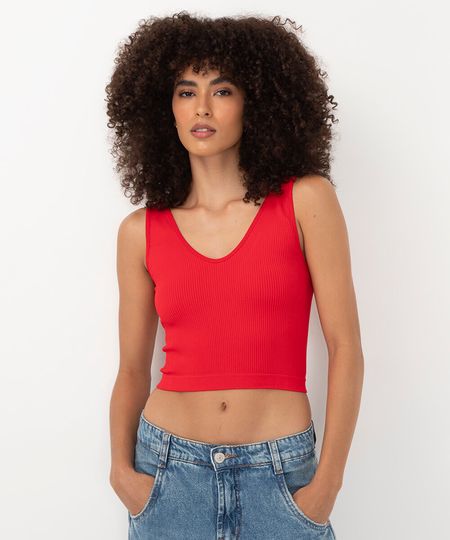 cropped básico canelado alça média decote v vermelho PP