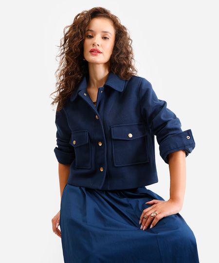 jaqueta feminina texturizada manga longa azul PP