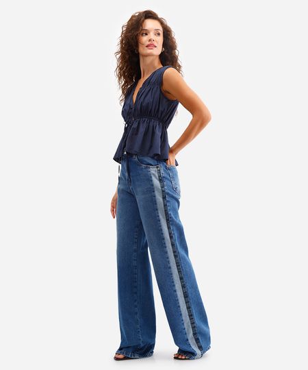 calça wide leg feminina jeans com recortes sawary azul 36