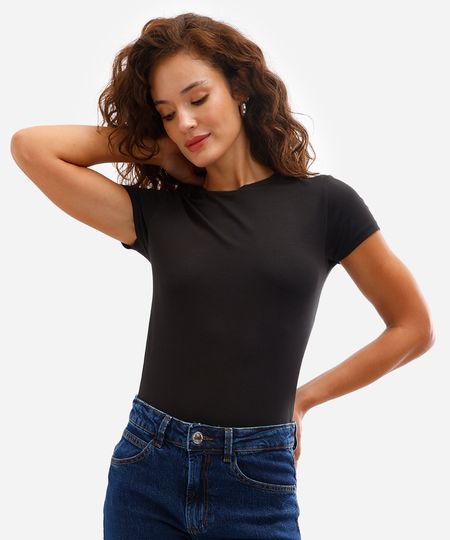 camiseta básica feminina de algodão manga curta preta M camiseta básica feminina de algodão manga curta preta M