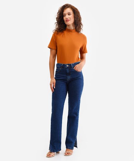 calça reta feminina jeans com fendas azul 34