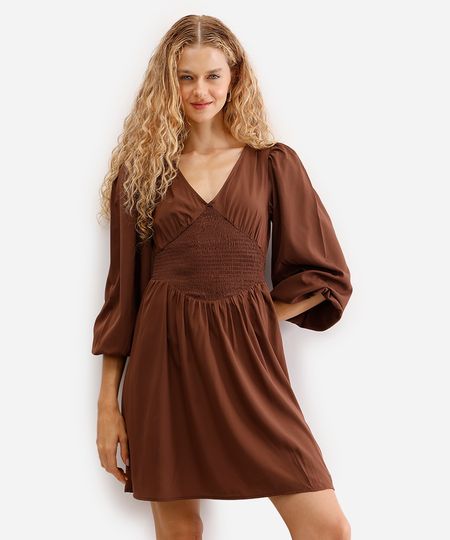 vestido curto feminino manga bufante com lastex marrom M