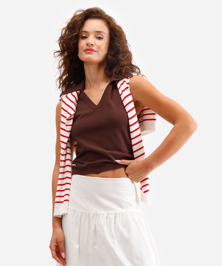 polo feminina de tricot sem manga marrom GG