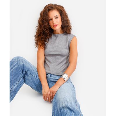 regata feminina de tricot com lurex prateada