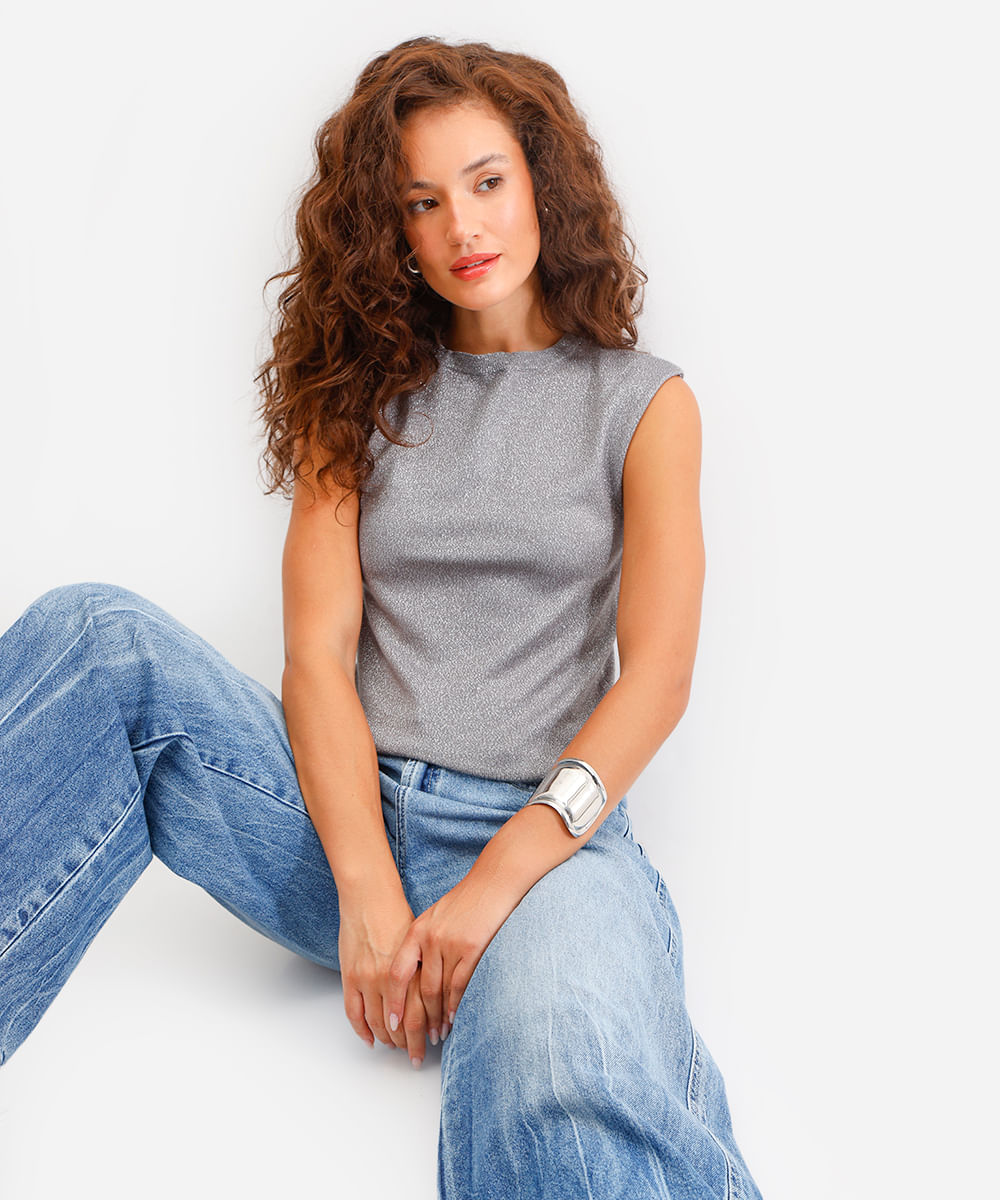 regata feminina de tricot com lurex prateada