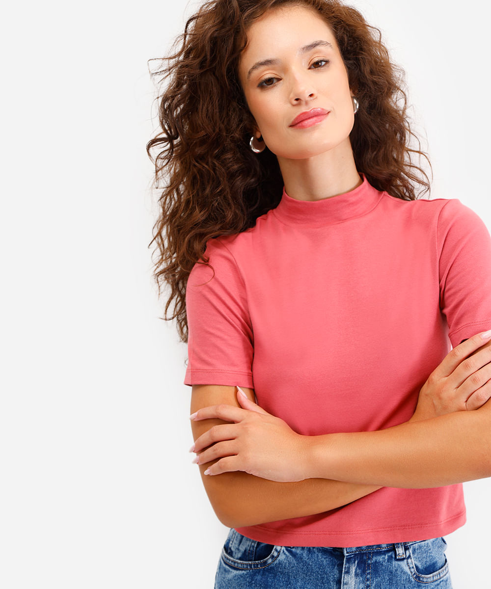 cropped de algodão peruano gola rolê manga curta rosa