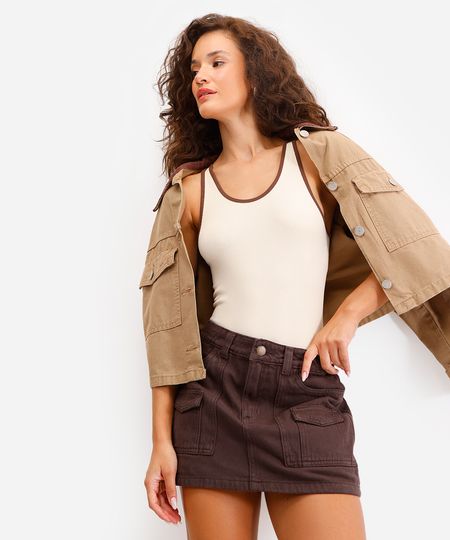 body feminino de poliamida canelado bege PP