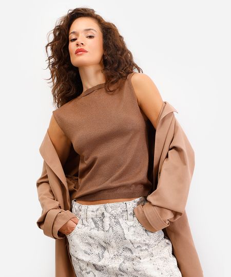 regata feminina de tricot com lurex marrom G regata feminina de tricot com lurex marrom G