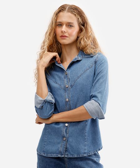 camisa feminina jeans manga longa azul P