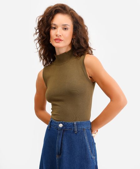 regata feminina de tricot gola alta com botões verde G regata feminina de tricot gola alta com botões verde G