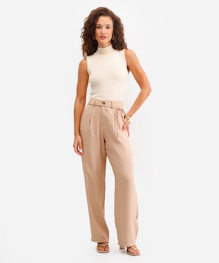 calça wide leg em viscose de alfaiataria com amarração bege 40