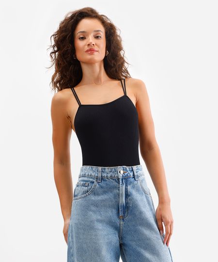 body básico feminino de poliamida canelado preto G