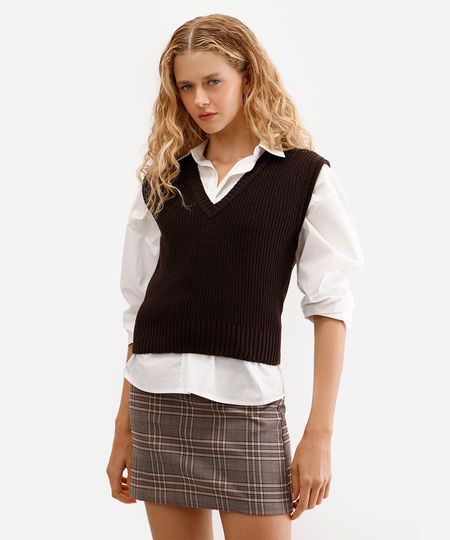 colete de tricot decote v marrom PP