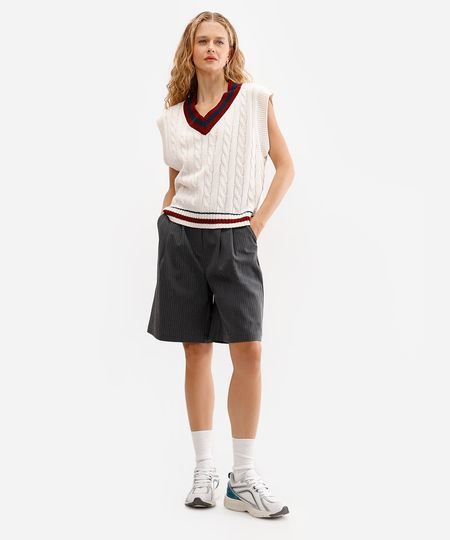 colete feminino de tricot decote v texturizado bege M