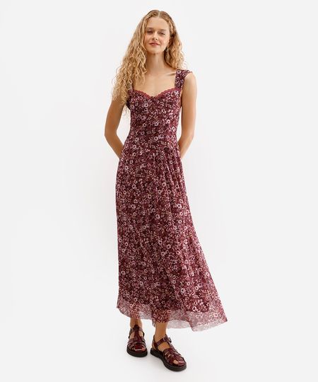 vestido midi feminino de tule floral marrom P vestido midi feminino de tule floral marrom P