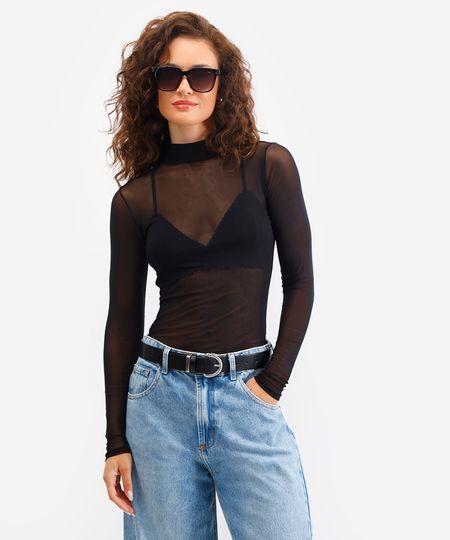 blusa feminina de tule gola alta manga longa preta M blusa feminina de tule gola alta manga longa preta M