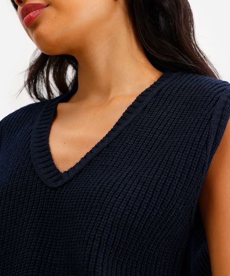colete de tricot decote v azul PP
