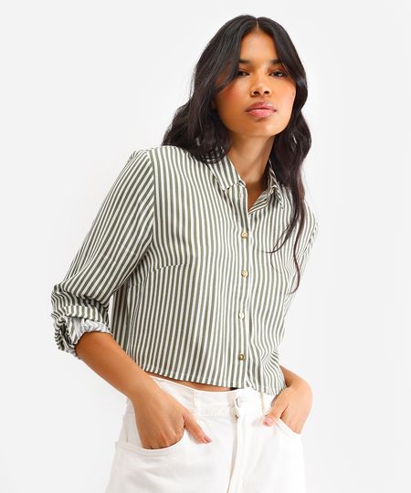 camisa feminina de viscose manga longa listrada verde P camisa feminina de viscose manga longa listrada verde P