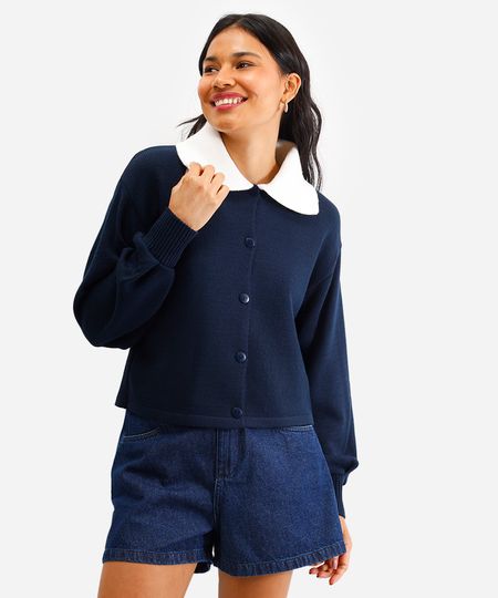 suéter feminino de tricot bicolor azul PP