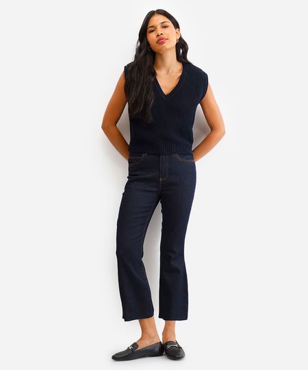 calça flare jeans cropped cintura alta azul 44