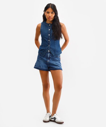 short mom feminino jeans barra dobrada azul 36