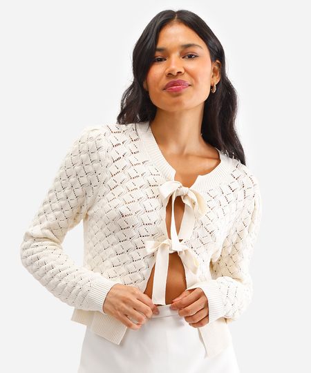 cardigan feminino de tricot com amarração bege G
