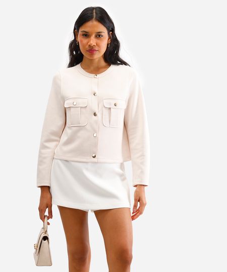 casaqueto feminino de suede com bolsos bege GG