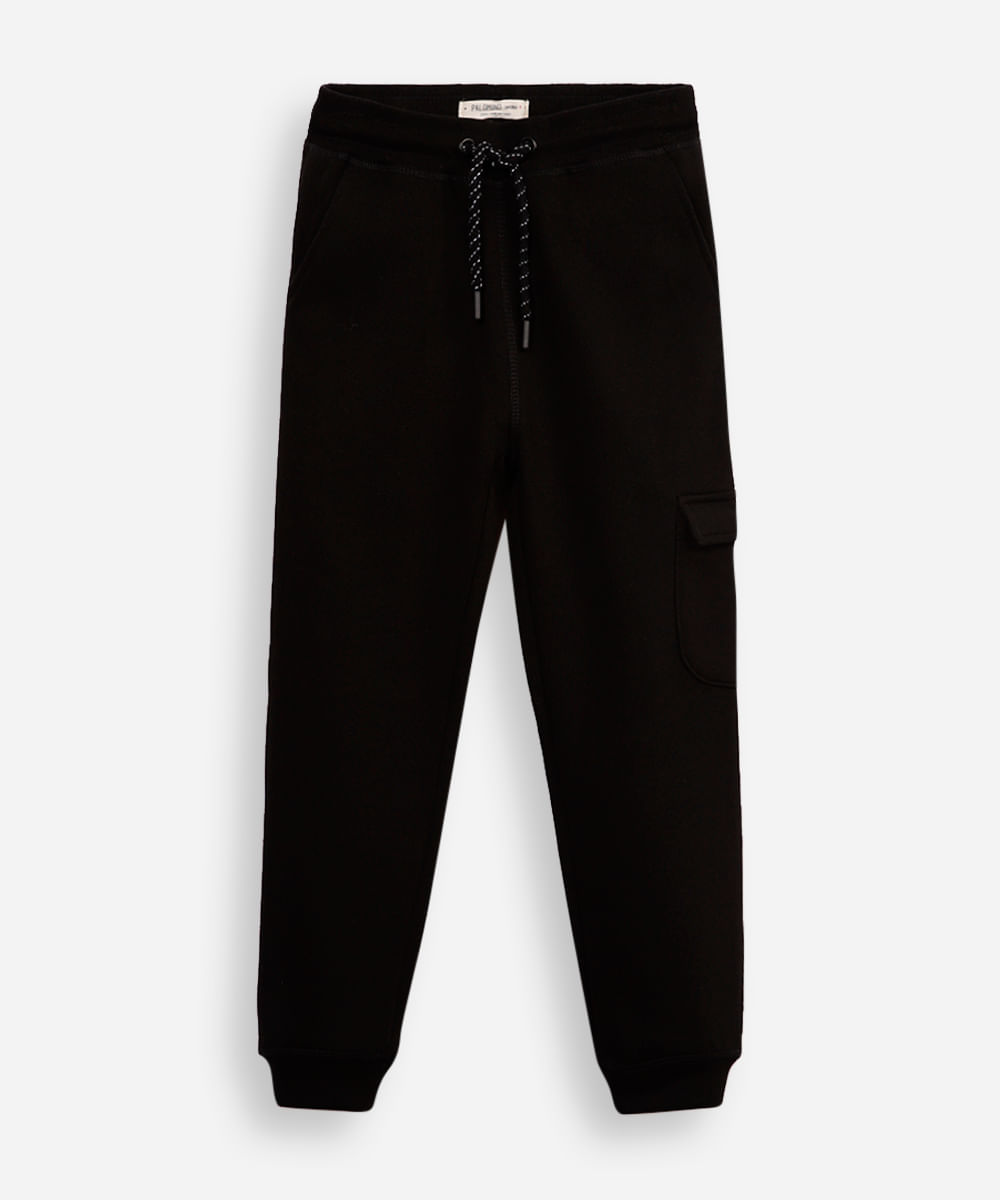 calça jogger infantil de moletom com bolso cargo preta