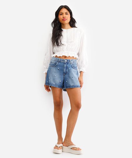 short jeans feminino com bordados e brilhos azul 36 short jeans feminino com bordados e brilhos azul 36