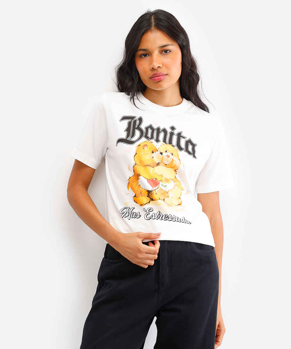 camiseta feminina de algodão ursinhos carinhosos off white