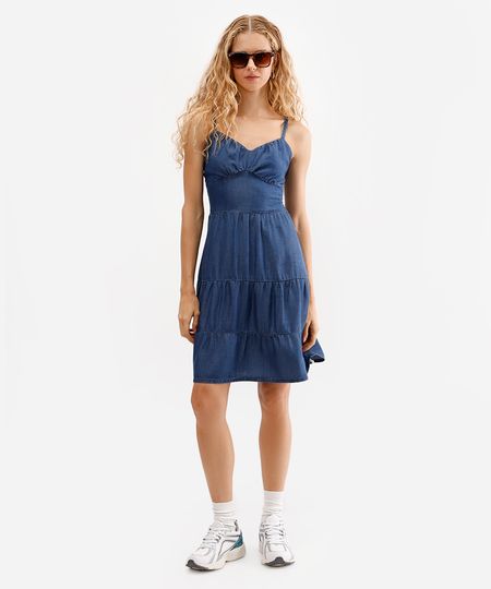 vestido curto feminino jeans com recortes azul M